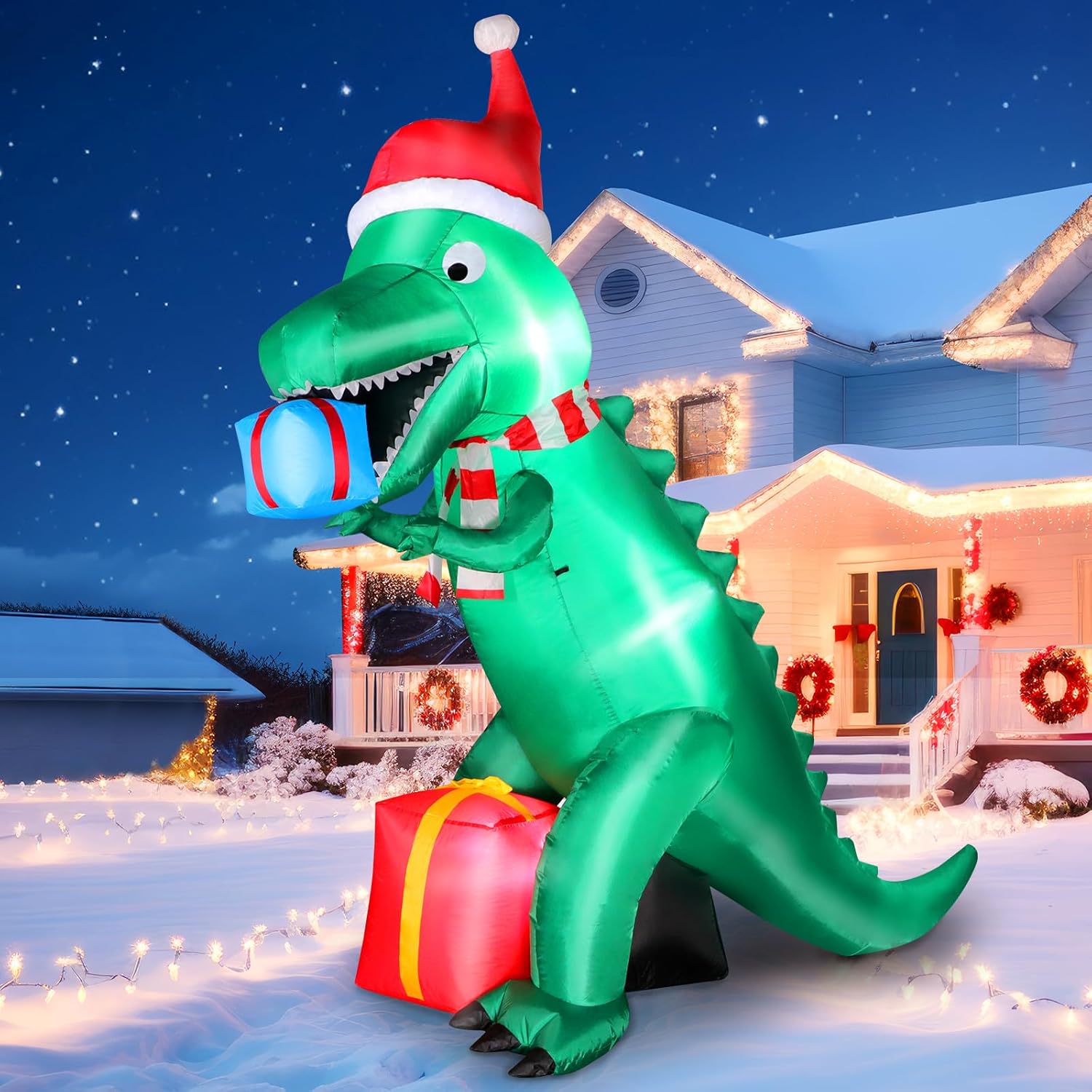 7FT Christmas Inflatables Dinosaur Outdoor Yard Decoration, Christmas Blow Up Gi...