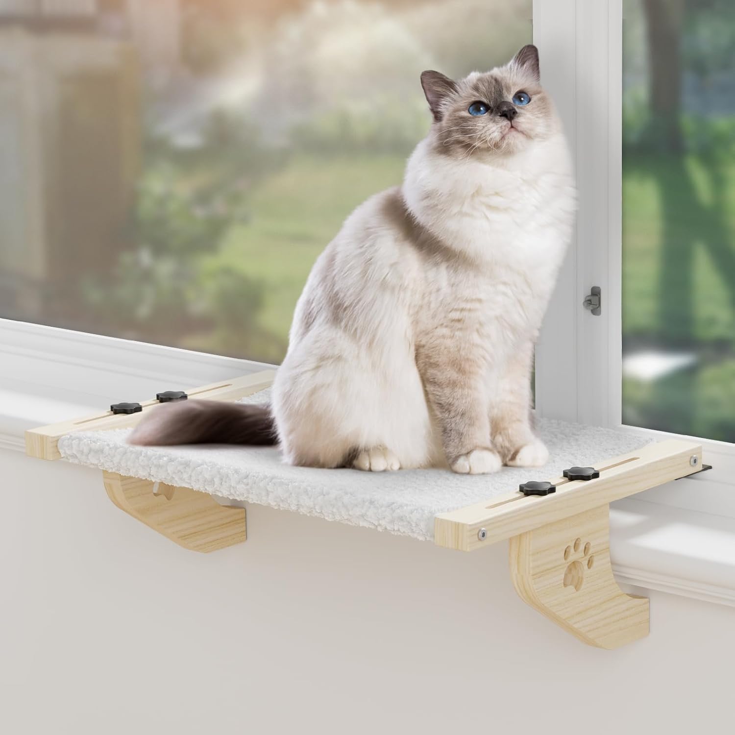 Cat Window Perch, Cat Window Hammock with Wood & Metal Frame for Large Cats, Adj...