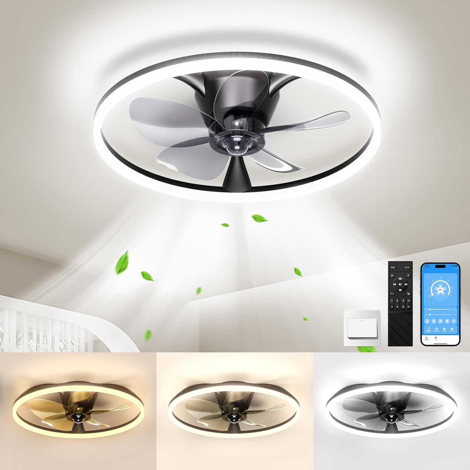Ceiling Fans with Lights and Remote, 20'' Flush Mount Ceiling Fan of 150° Ultra...