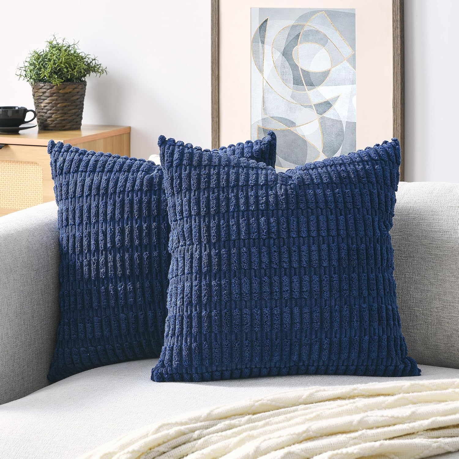 Volcanics Pack of 2 Navy Decorative Throw Pillow Covers 18x18 Inch, Soft Corduro...