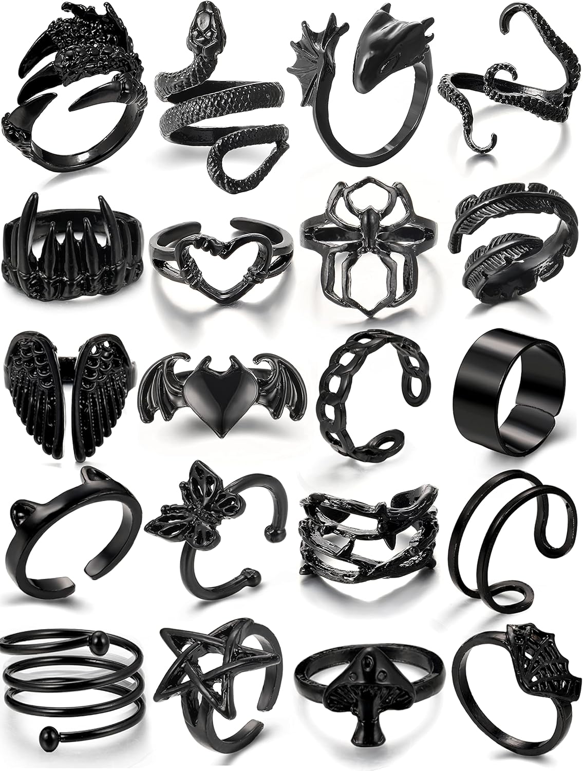 Black Gothic Vintage Rings Set - 20-30 PCS Cool Punk Jewelry with Snake, Butterf...