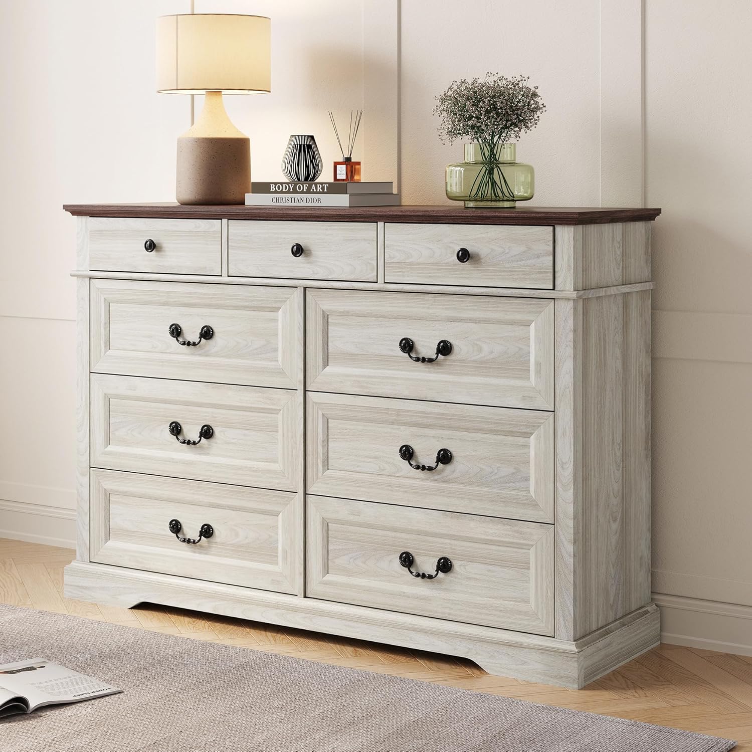 LINSY HOME Farmhouse 9 Drawers Dresser, White Wood Dresser for Bedroom Wide Ches...