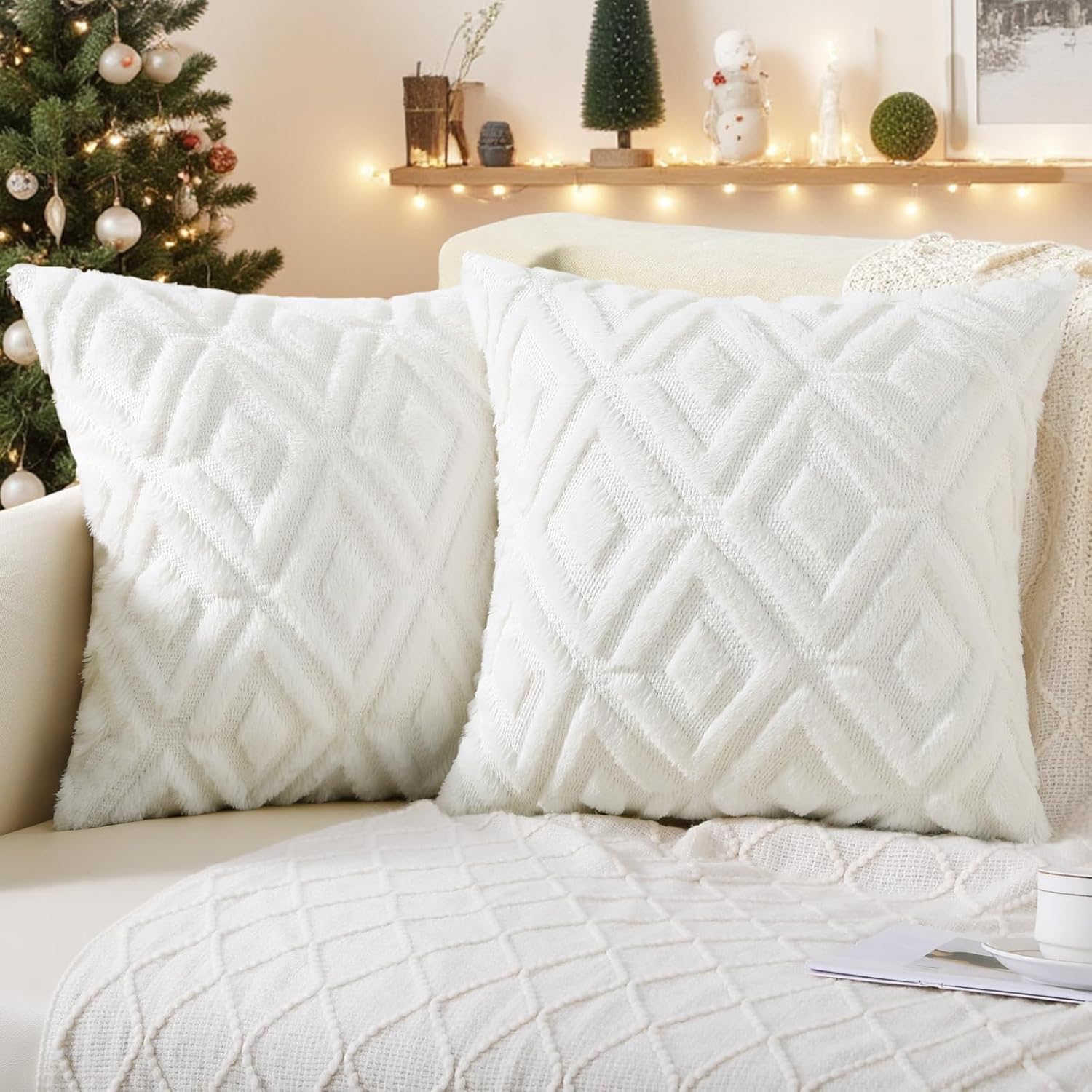 Pallene Christmas Soft Faux Fur Throw Pillow Covers 18x18 - Plush Wool Decorativ...