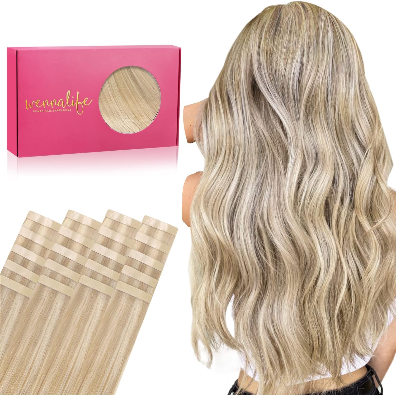 WENNALIFE Tape in Hair Extensions Human Hair, 20pcs 24 inch 50g Dirty Blonde Hig...
