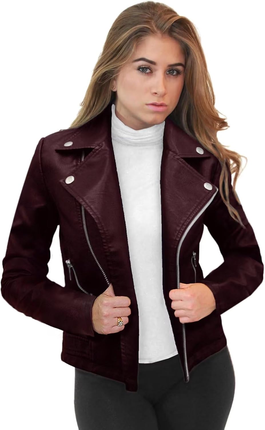 Olivia Miller Women's Faux Leather Moto Biker Jacket Long Sleeve Zip Jacket 3X J...