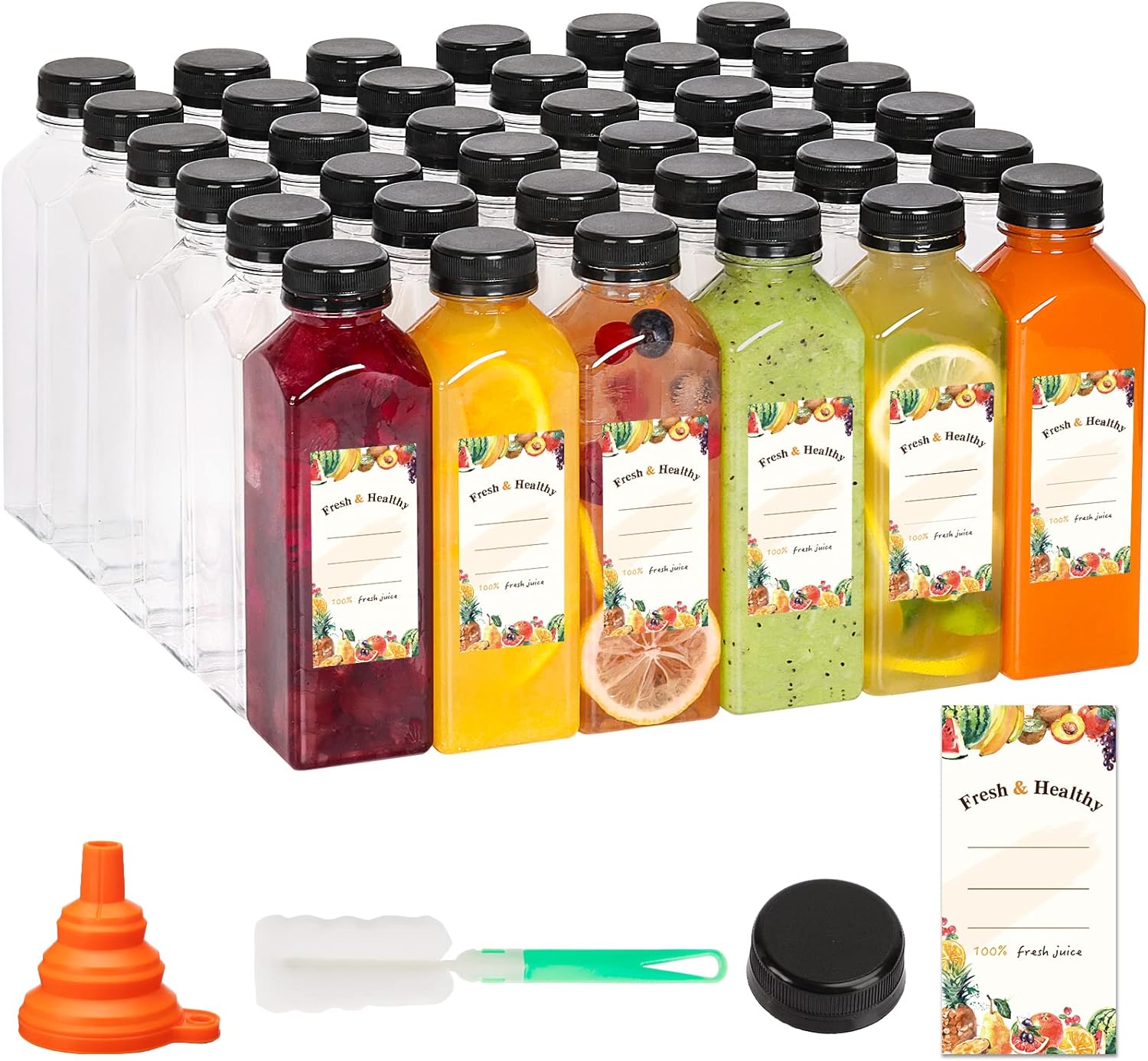 Moretoes 128pcs 16oz Empty Plastic Juice Bottles with Caps, Bulk Clear Beverage...