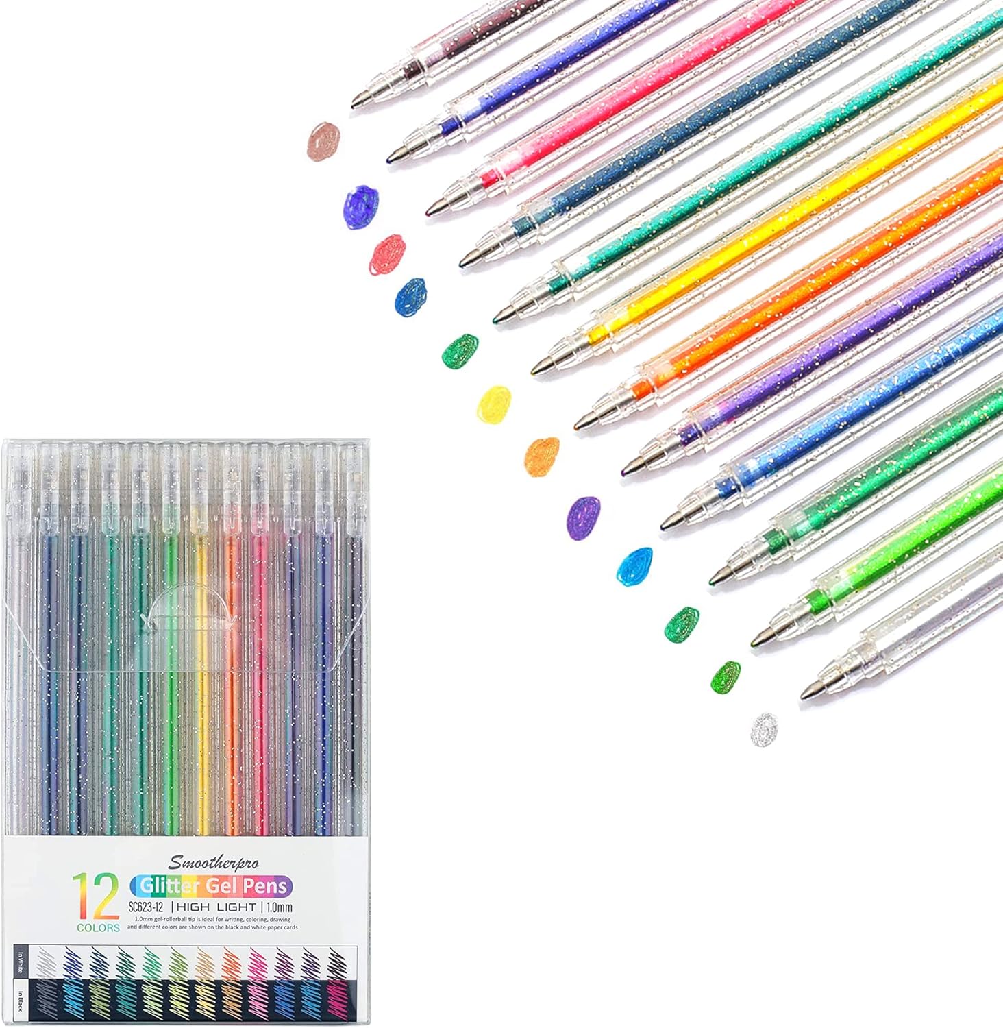 SMOOTHERPRO Metallic Gel Pens | Set of 12 | Glitter Colored Pen | for Coloring B...