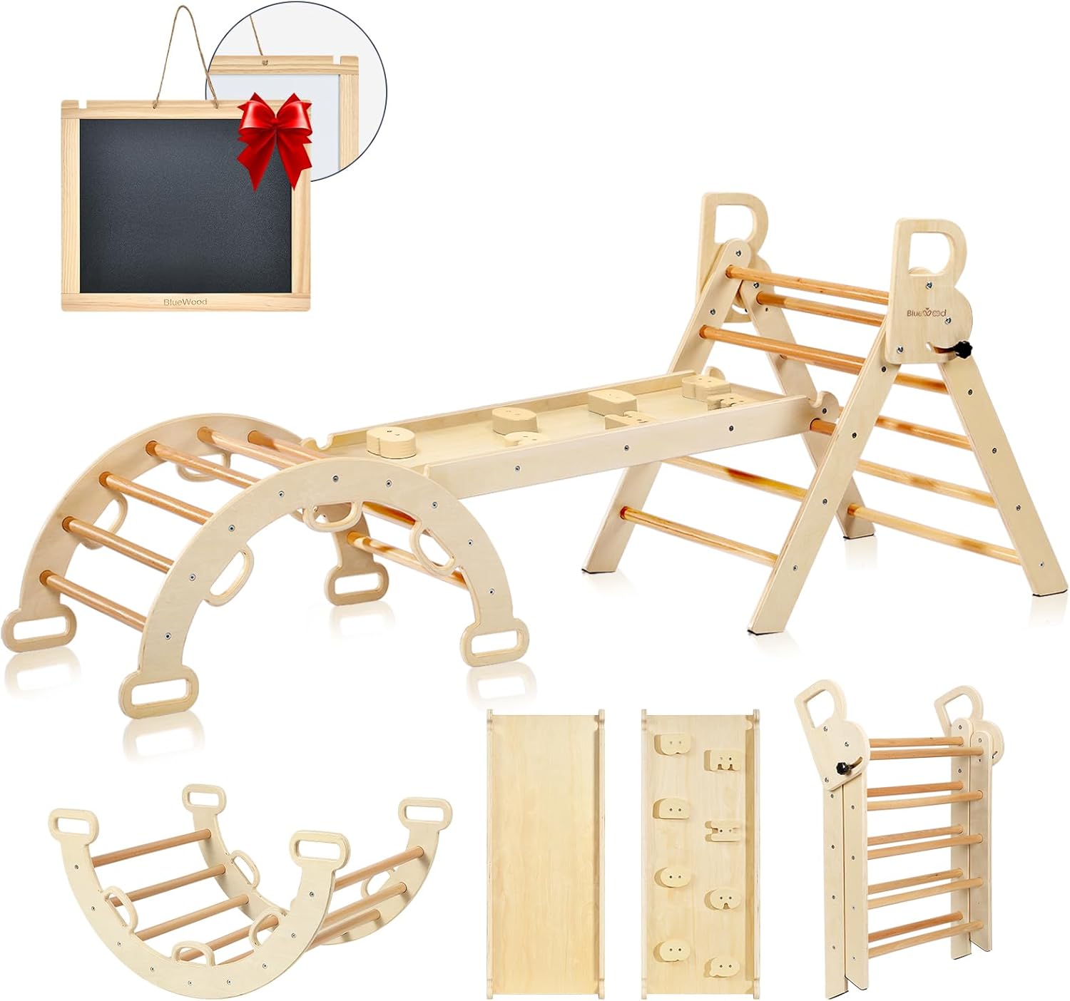 BlueWood Pikler Triangle Set, Foldable Wooden Climbing Toys Set, Indoor Playgrou...