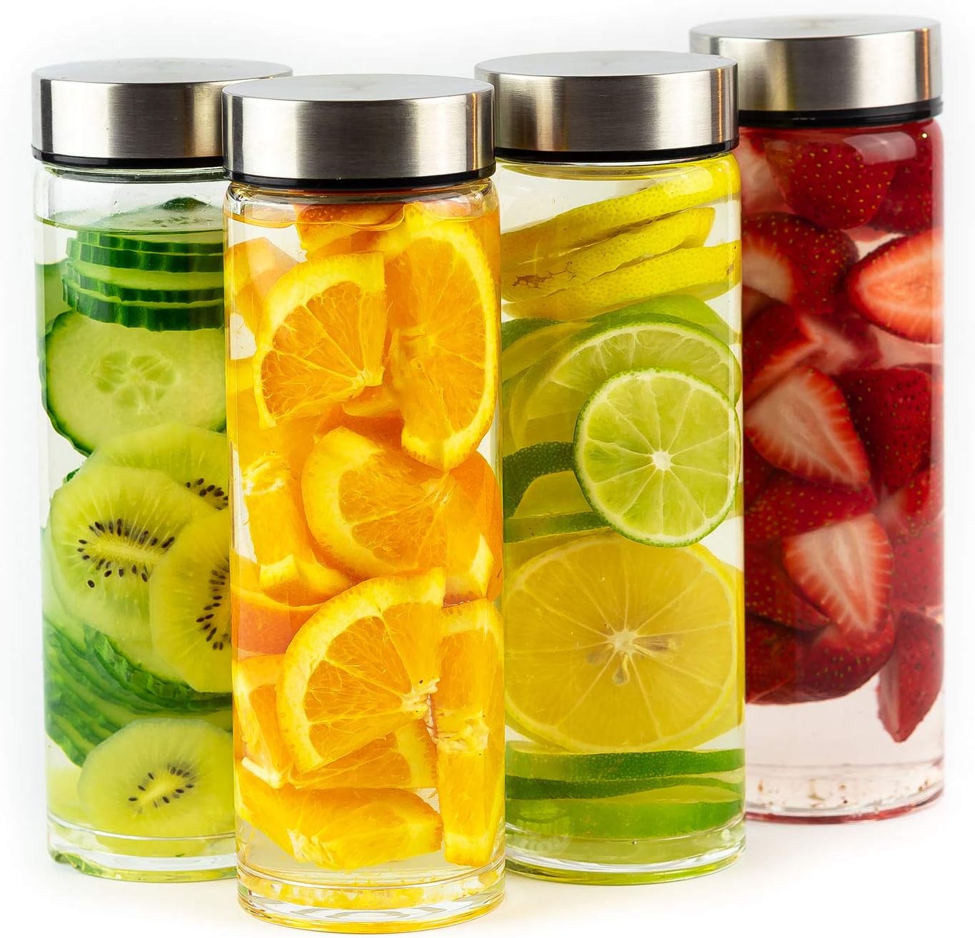 Juice Bottles - 4 Pack Wide Mouth Glass Bottles with Lids - for Juicing, Smoothi...