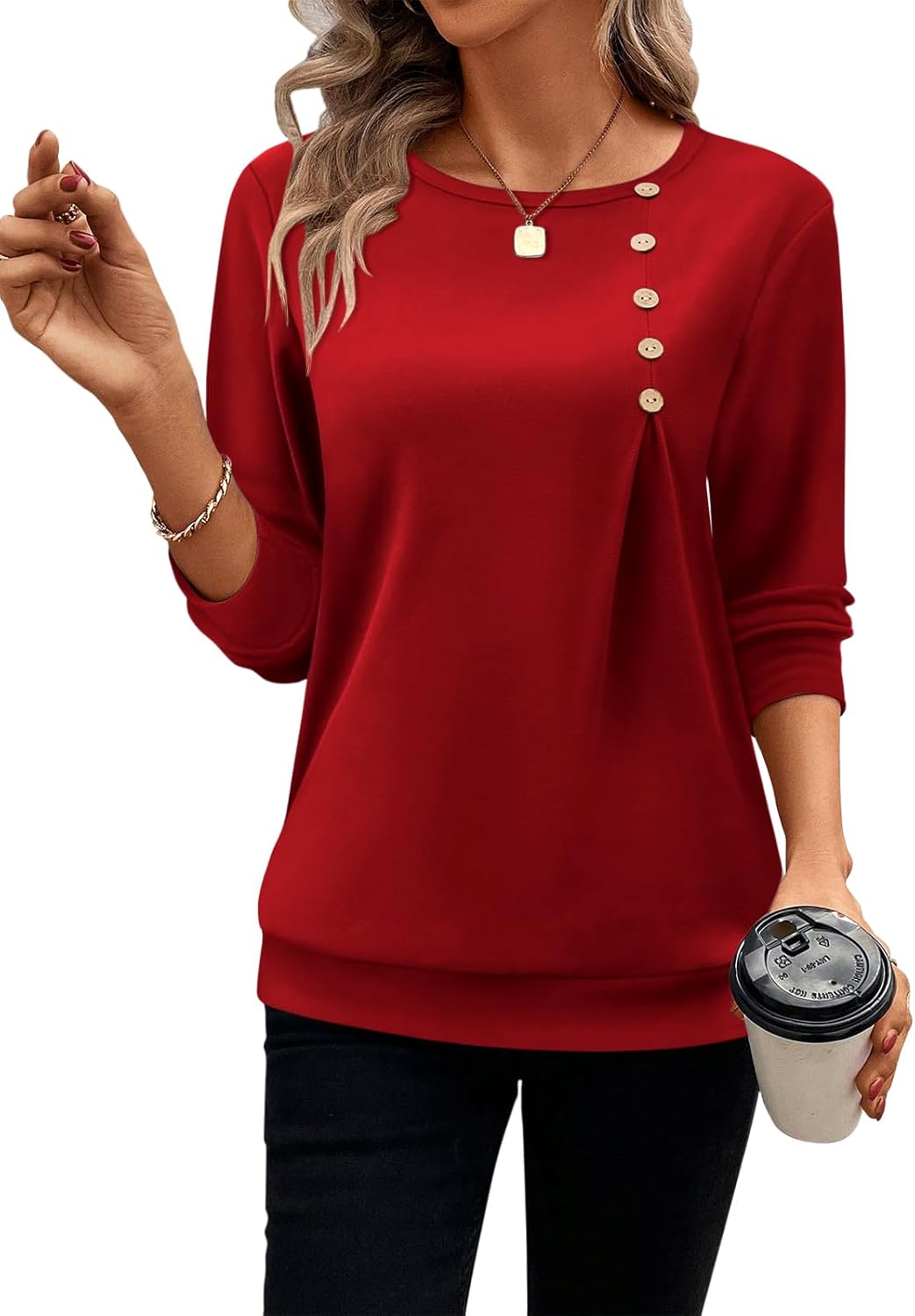 Womens Crewneck Long Sleeve Tops Fall Casual Henley Shirts Loose Fit Pullover Tu...