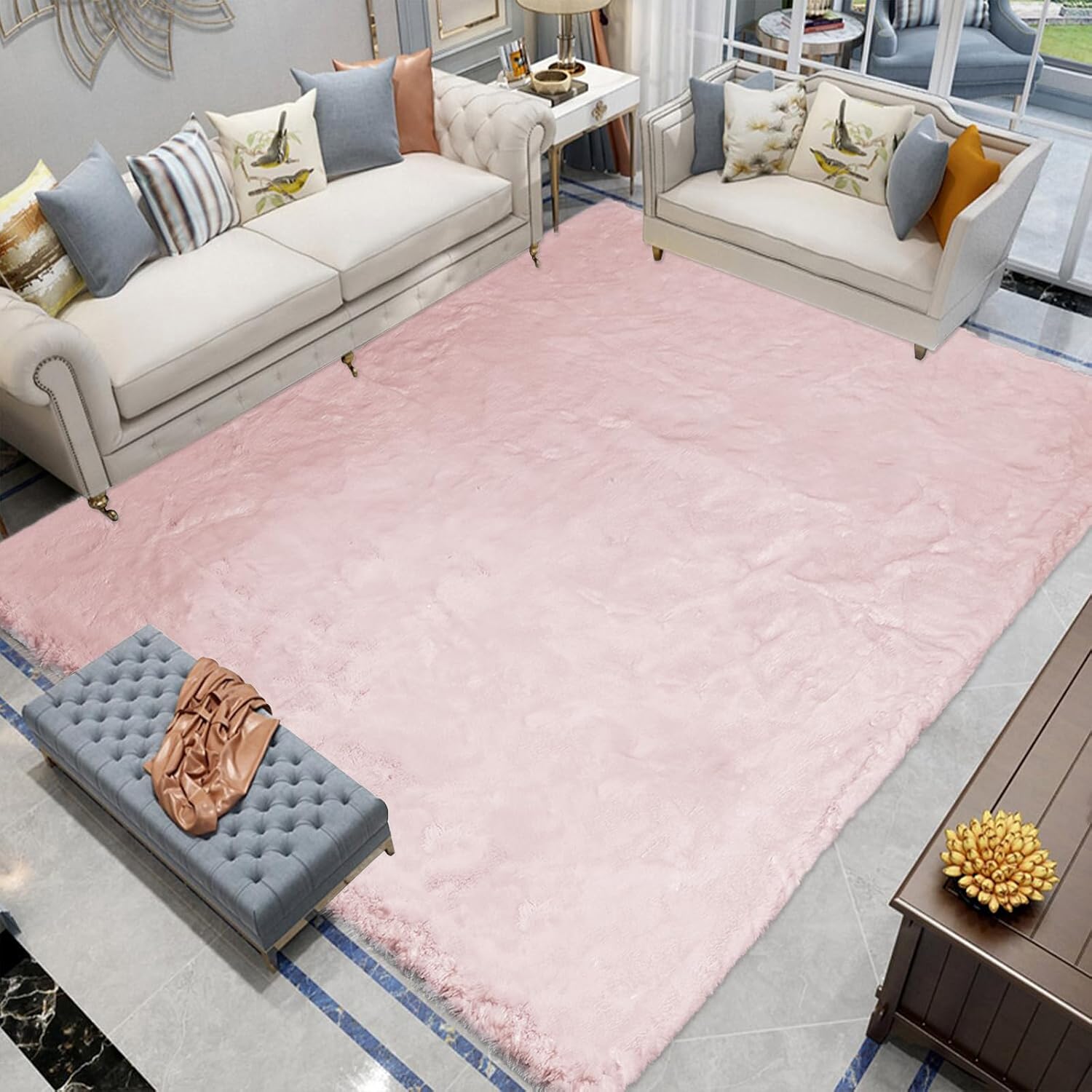 Latepis 6x9 Light Pink Faux Rabbit Fur Rug, Special Living Room Rug Washable, In...