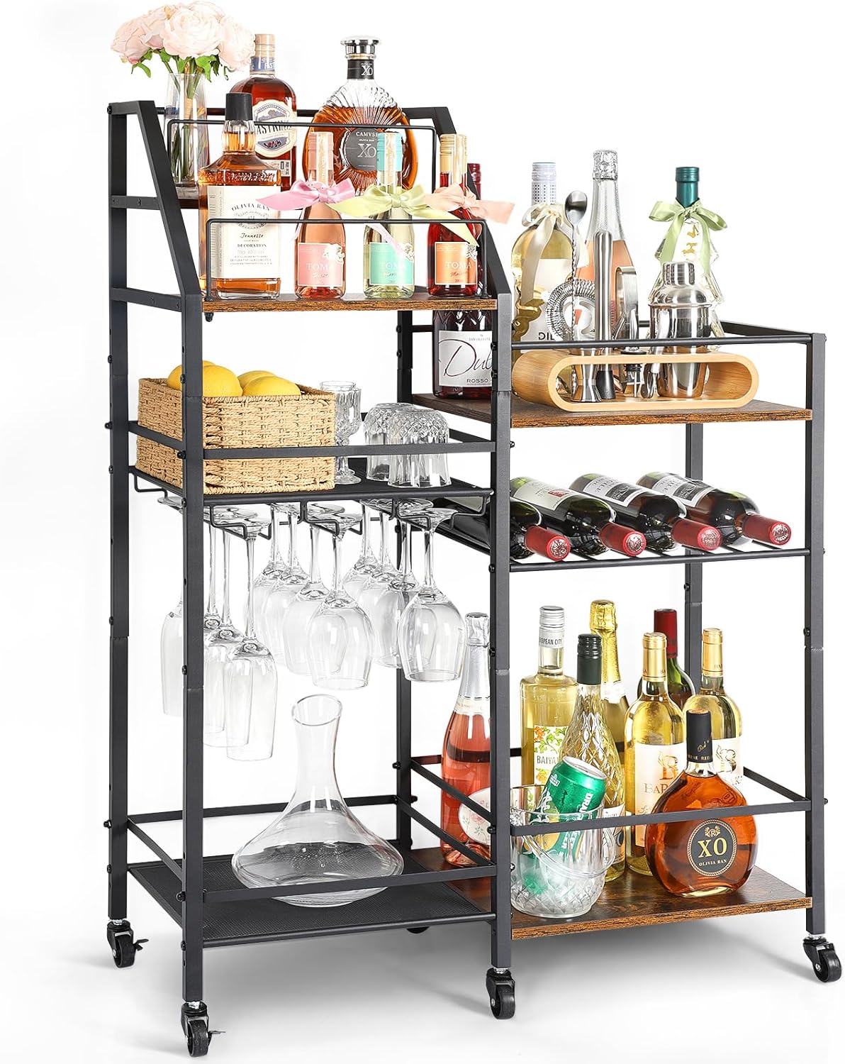 VINAEMO Rolling Bar Cart with Wine Glass Holder, Bar Carts for the Home, Bar Sta...