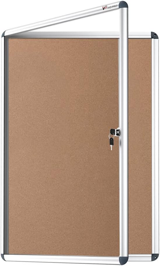 VIZ-PRO Tamperproof Lockable Cork Noticeboard Class 1 Aluminium Framed 36x24 Inc...