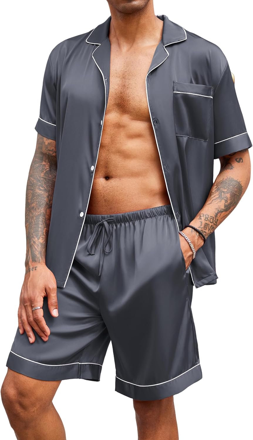 Ekouaer Mens Satin Pajamas Set Button-Down Short Sleeve Shirt Top Soft Silk Slee...