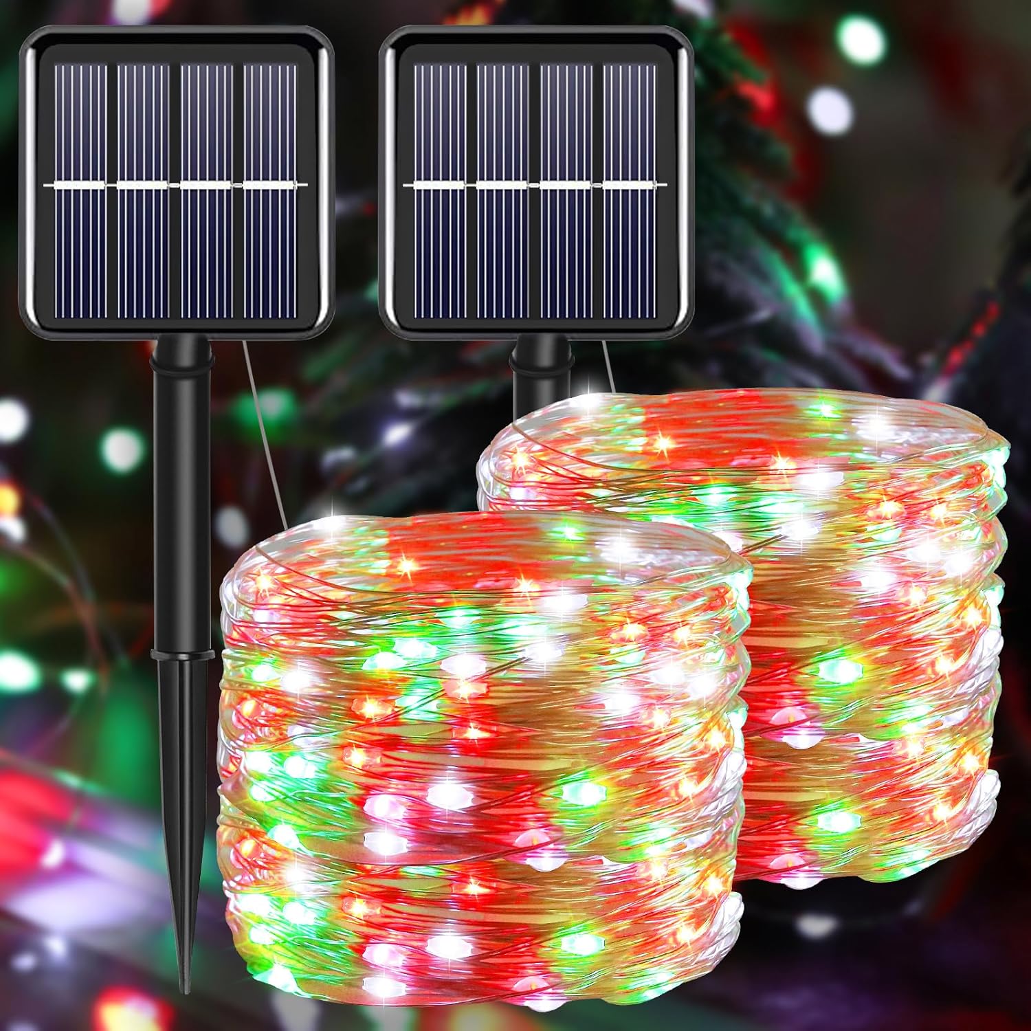 Solar Christmas String Lights Outdoor Waterproof, Red White Green Fairy Lights,...