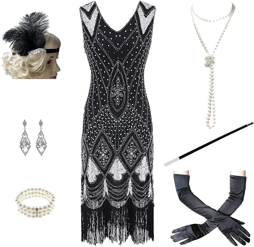 1920s Women's Gatsby Costume Flapper Dresses V Neck Fringed Dress with 20s Acces...