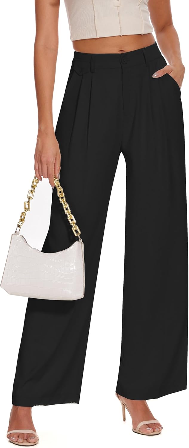 FUNYYZO Women Loose Pleated Front Long Pants Wide Leg Trousers Solid Causal Dres...