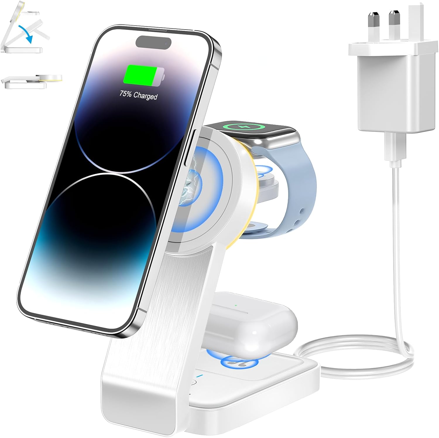 Foldable Travel Magsafe Charger,ADADPU 3 in 1 Fast Charging Station for Apple Wa...