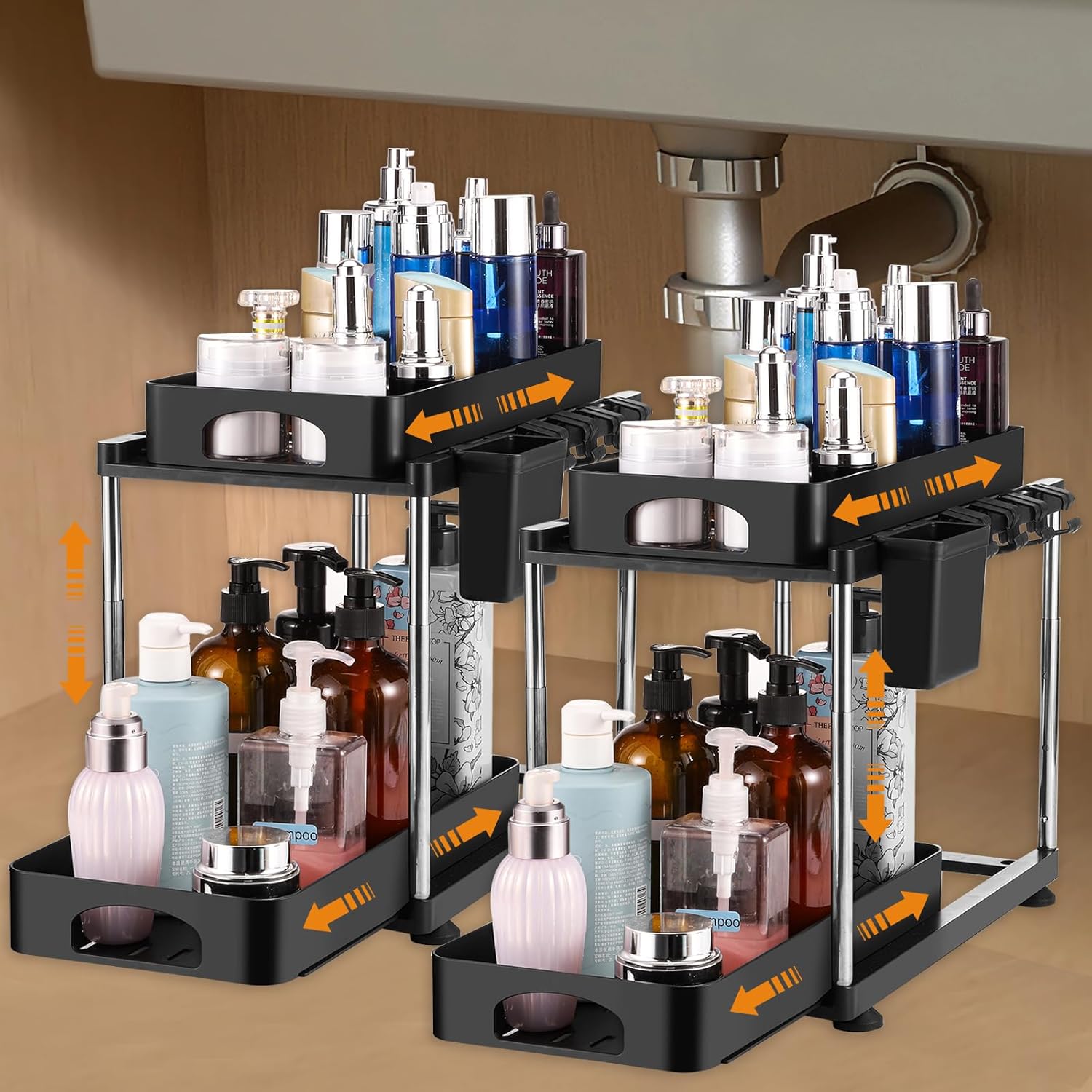 2 Pack Under Sink Organizers and Storage, 2 Tier Double Sliding Bathroom Organiz...