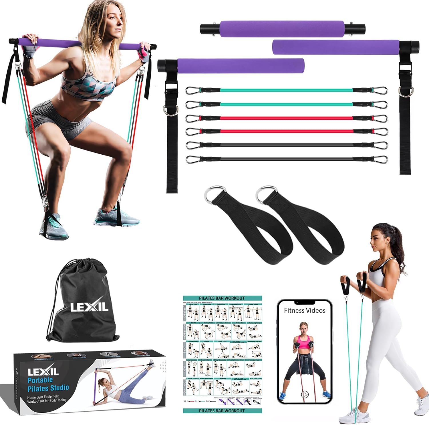 LEXIL Portable Pilates Bar Exercise Kit-Stackable 3 Pairs of Resistance Bands (1...
