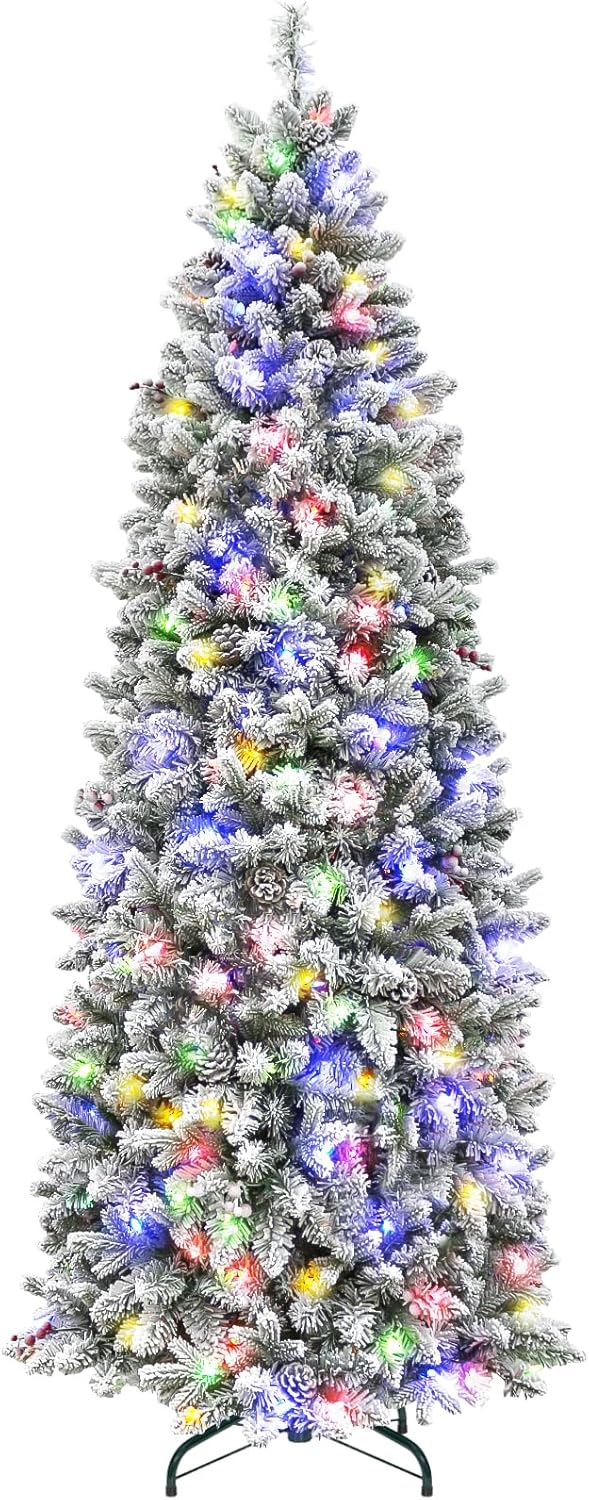 Hykolity 6.5ft Prelit Snow Flocked Slim Christmas Tree, 1045 Realistic PE&PVC Ti...