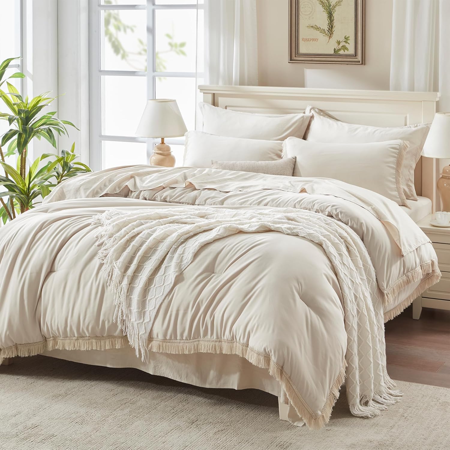 Andency Beige Comforter Set King Size with Sheets -7 Pieces Boho Tassel Bed in a...