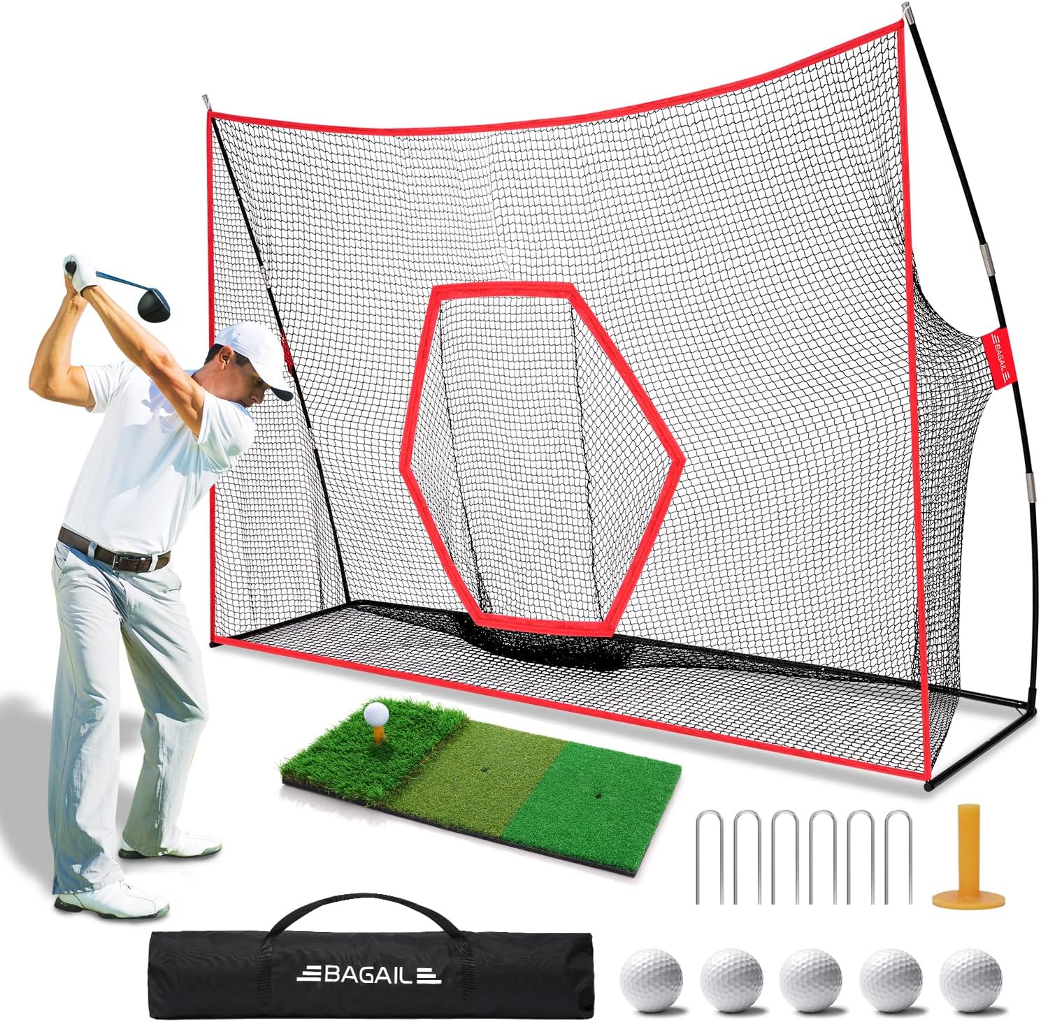 BAGAIL Golf Net, 10 x 7 ft Heavy Duty Golf Practice Net and Tri-Turf Mat, Portab...