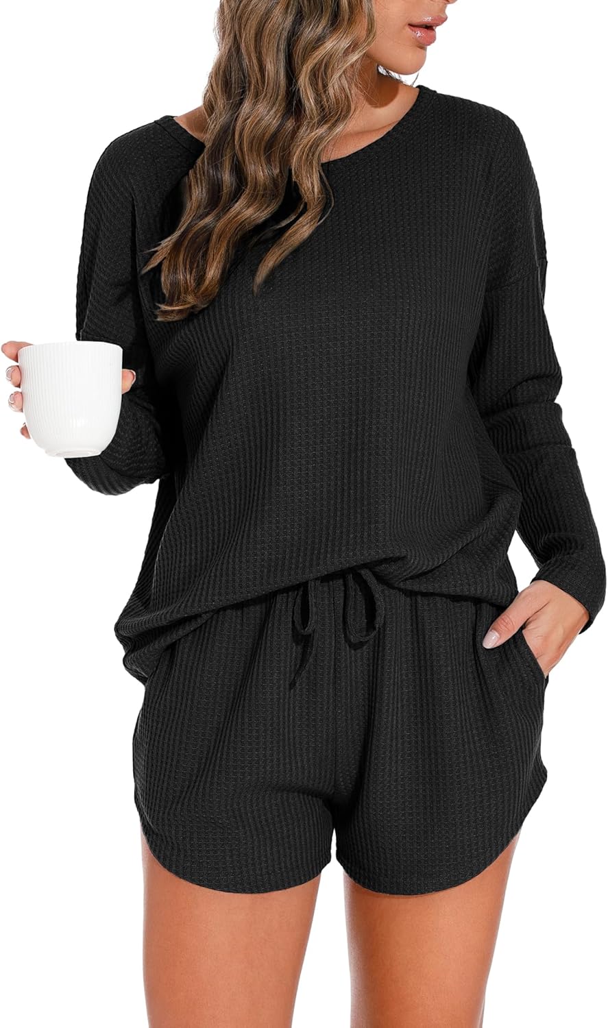 PrinStory Pajamas Set for Women Waffle Knit Lounge Set 2 Piece Outfits Loungewea...