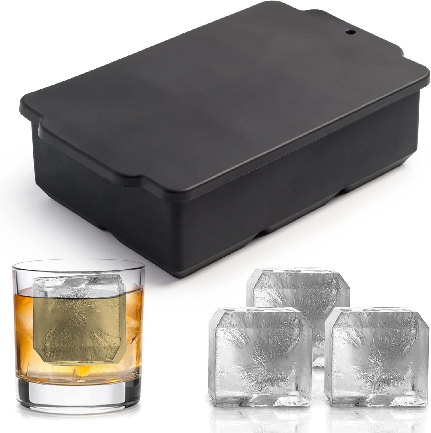 Nax Caki Large Ice Cube Molds Tray with Lid, Stackable Big Silicone Square Ice C...
