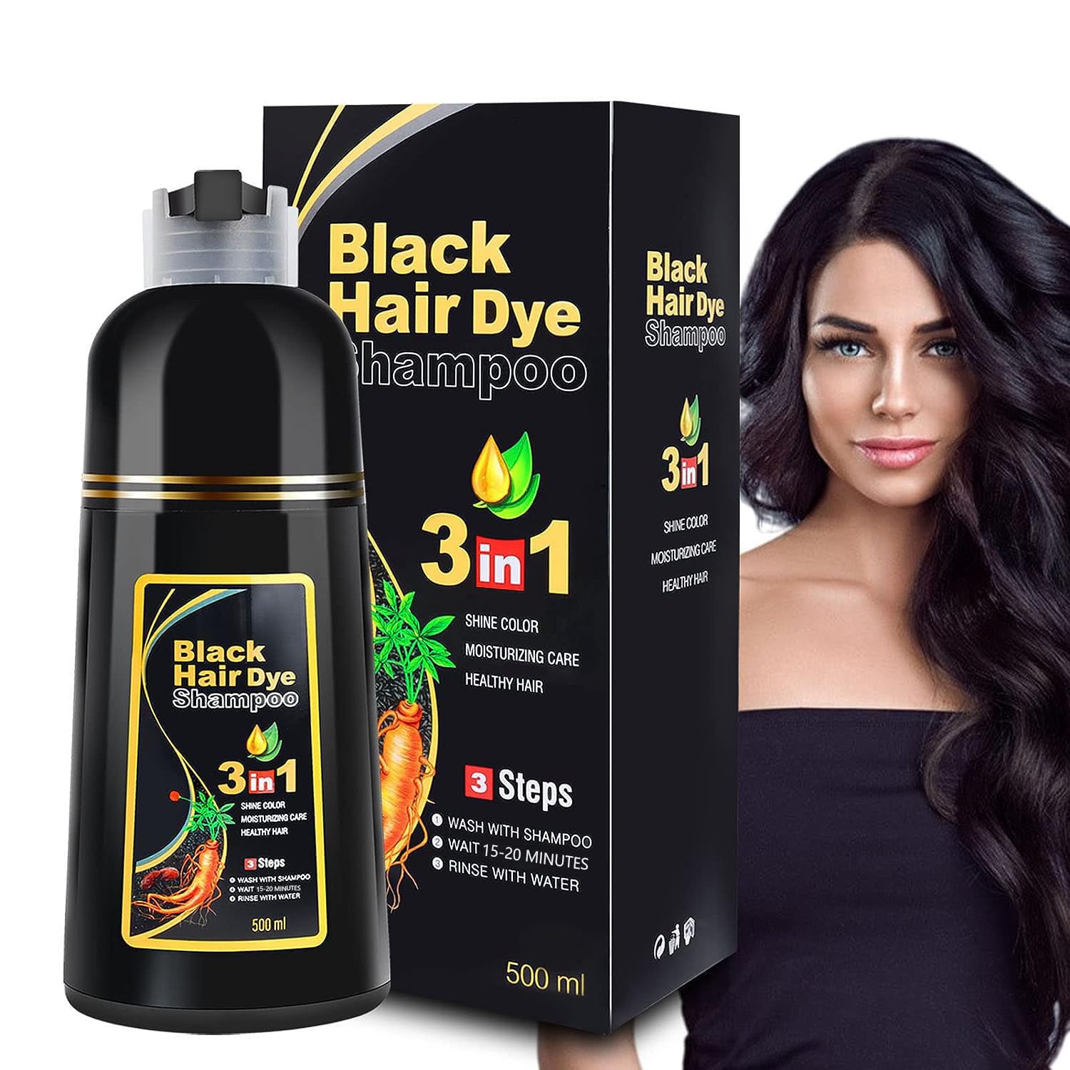 Black Hair Dye Shampoo 3 in 1 for Gray Coverage for Women/Men Instant Hair Color...