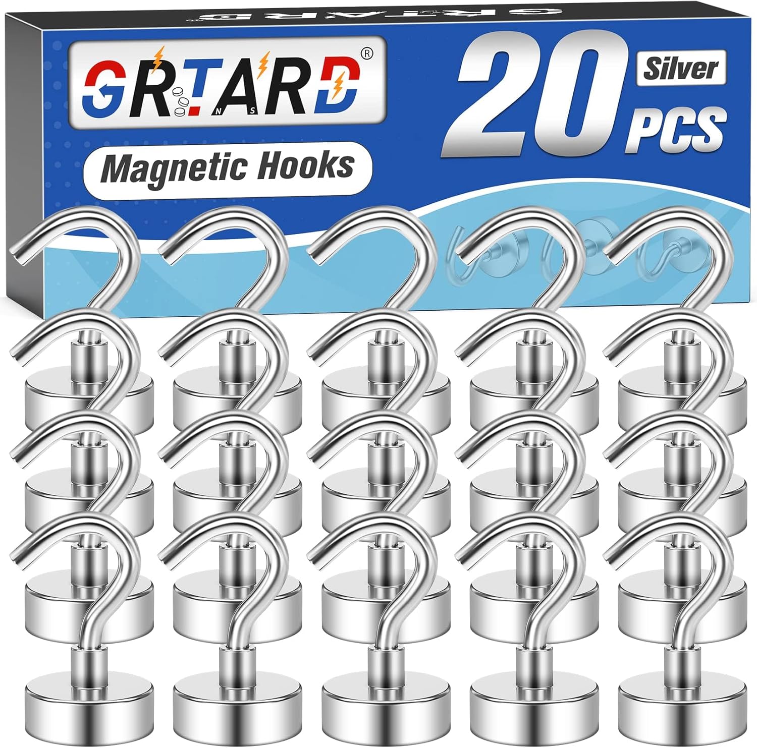 20 Pack Magnetic Hooks, 22 lb+ Pull Neodymium Magnet Hooks Heavy Duty, Strong Ma...