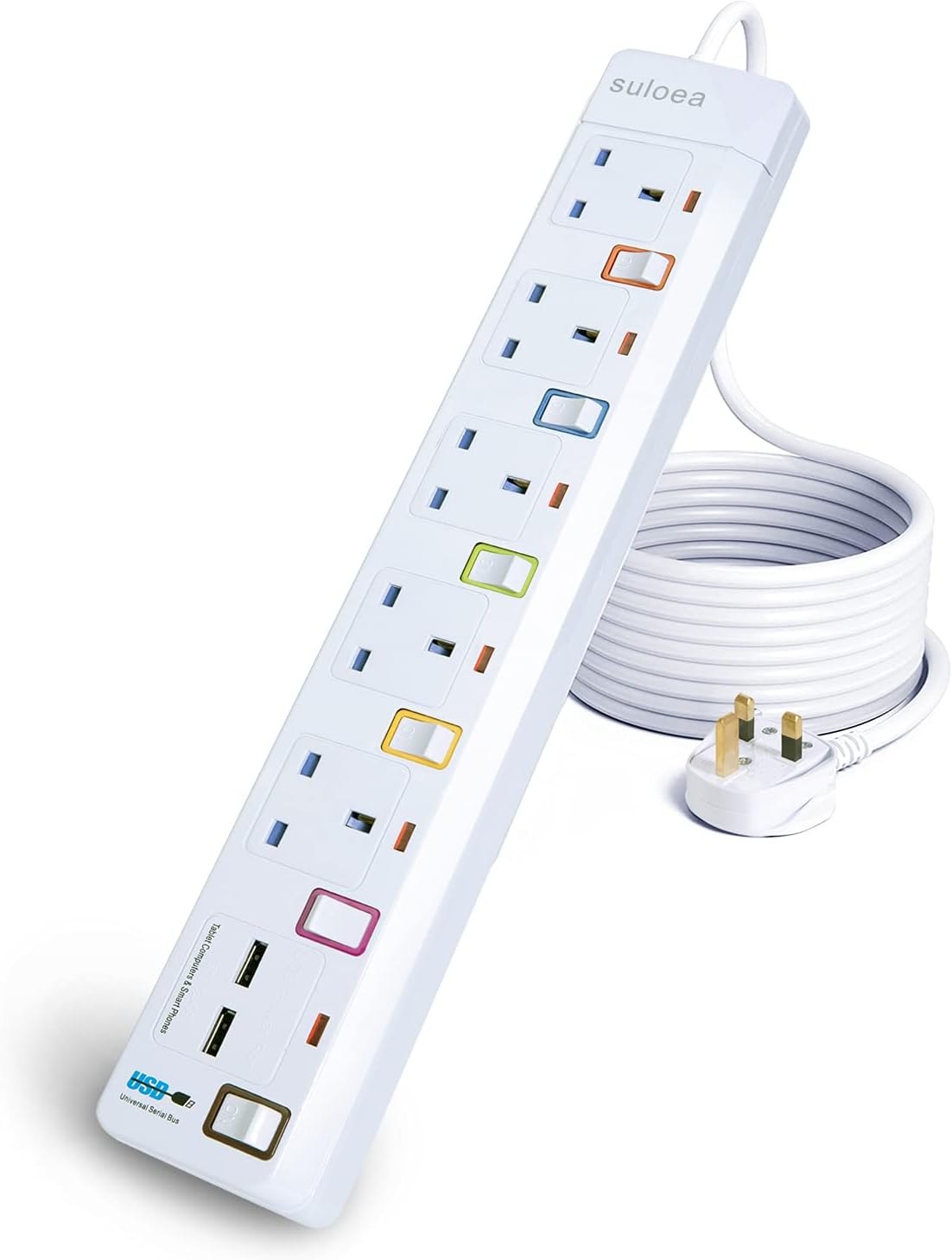 1.8M Extension Lead 5 AC Way with 2 USB Slots, Surge Protected Power Strip with...