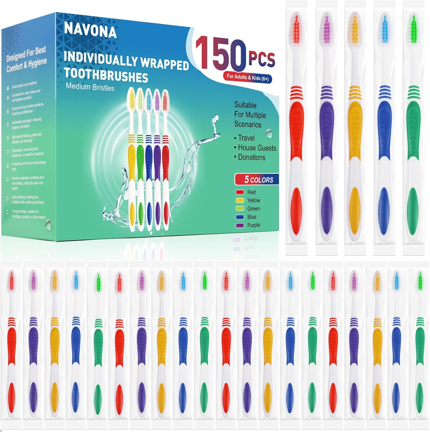 Navona 150 PCS Bulk Toothbrush Pack, Premium Individually Wrapped Disposable Too...