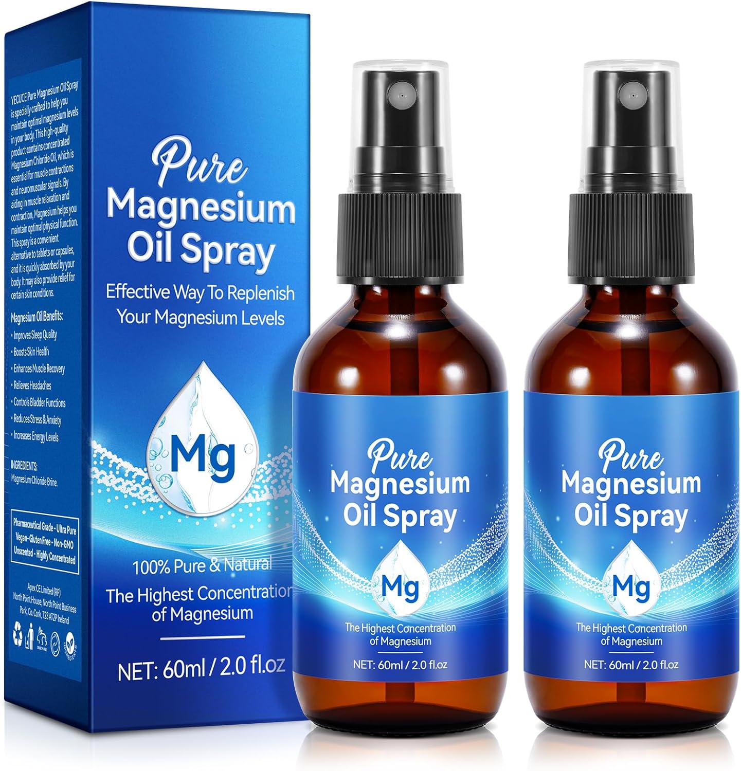 Pure Magnesium Oil Spray, Organic Natural Magnesium Oil Spray for Feet, Body, Sk...