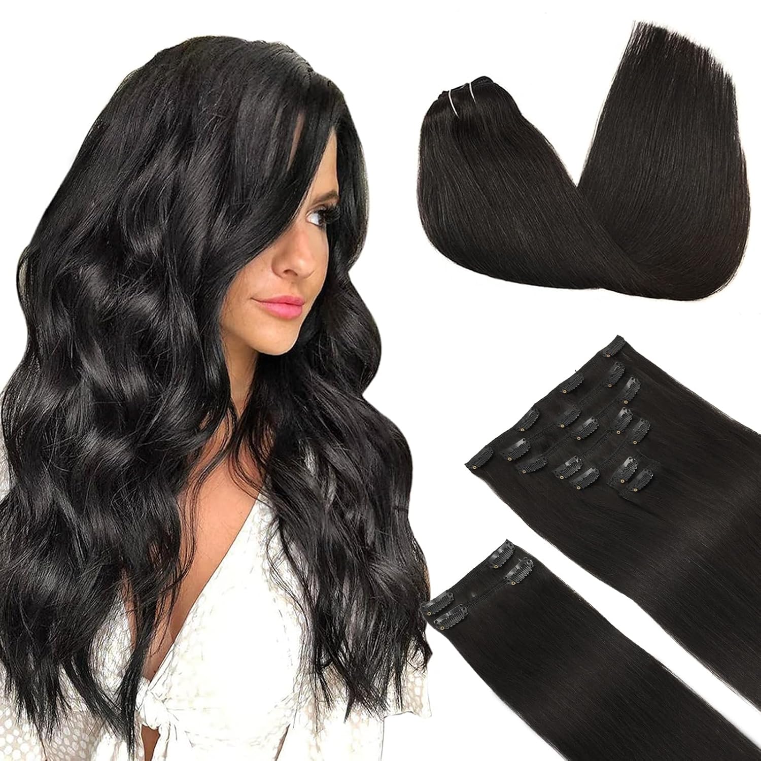 DOORES Human Hair Extensions Clip in, Natural Black 150g 9pcs 24 Inch, Clip in E...