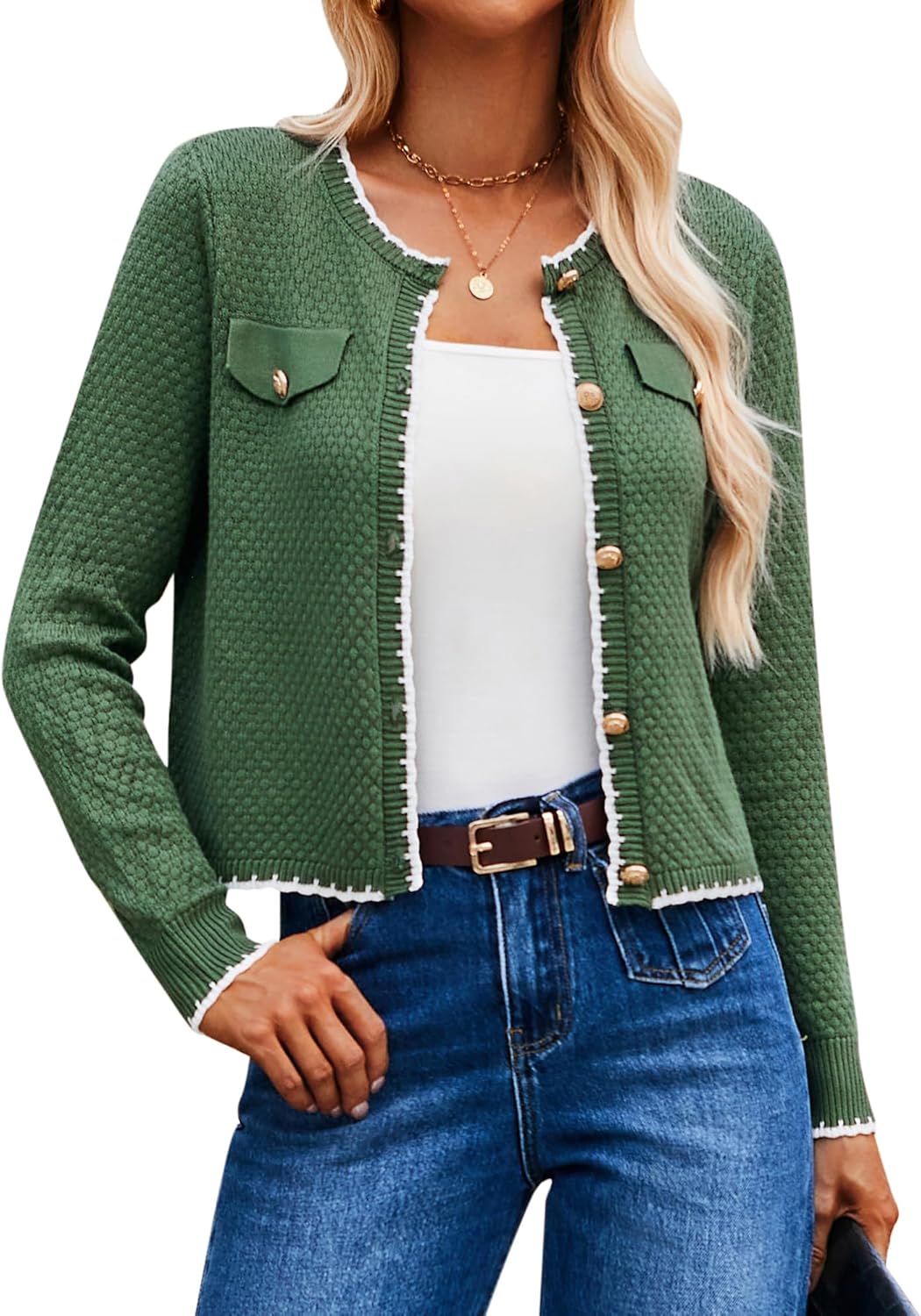 GRACE KARIN Women's Lightweight Long Sleeve Cardigan Two-Tone Button Knit Sweate...