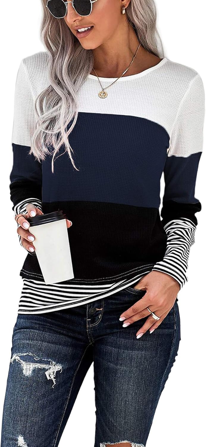 SMENG Ladies Long Sleeve Shirts Women Striped Crewneck Pullover Tunic Patchwork...