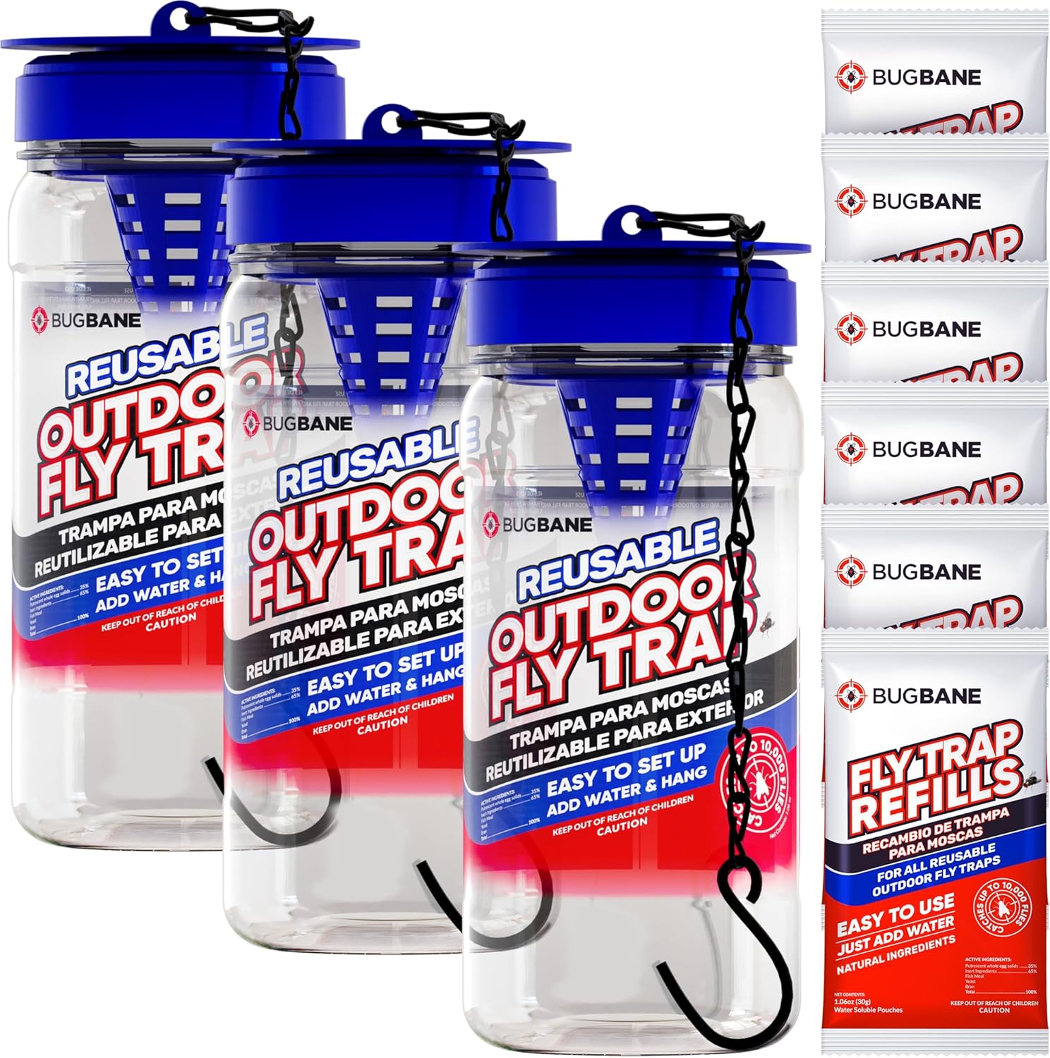 3 Reusable Fly Traps Outdoor Fly Traps with 6 Natural Fly Magnet Bait Refill. Fl...