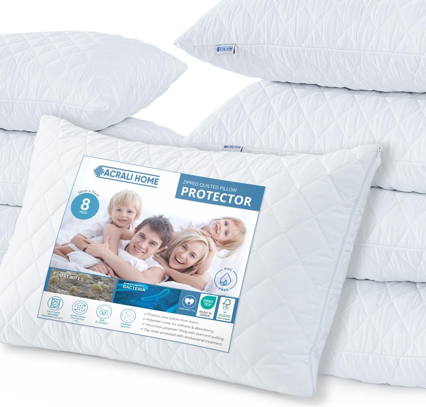 ACRALI HOME White Pillow Protectors 8 Pack–50x75 cm Quilted Zipped Pillow Cases...