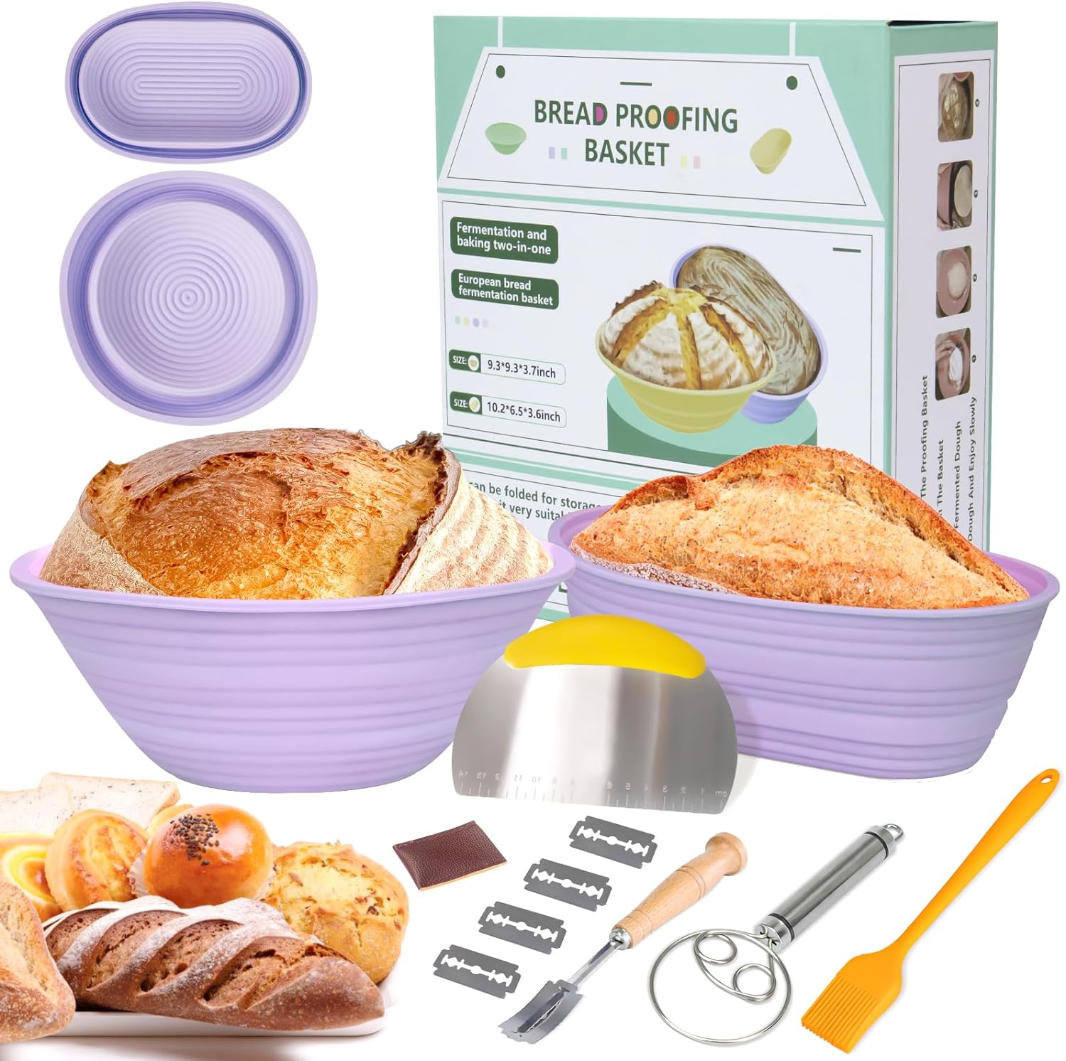 Neddie Silicone Banneton Bread Proofing Baskets, 9 Inch Round & 10 Inch Oval Fol...
