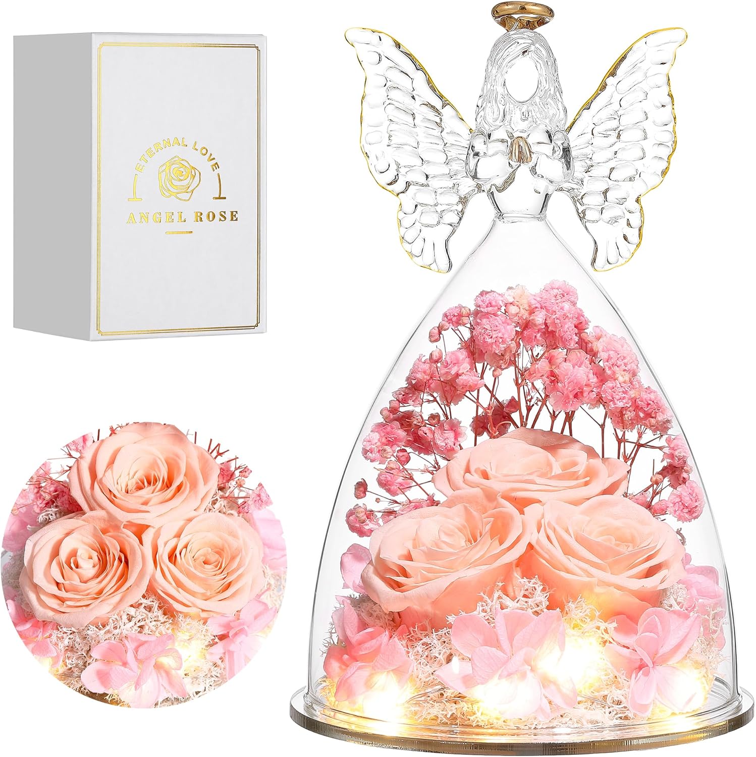 Mothers Day Flower Gifts for Her, Glass Angel Figurine with Three Roses Gifts, P...