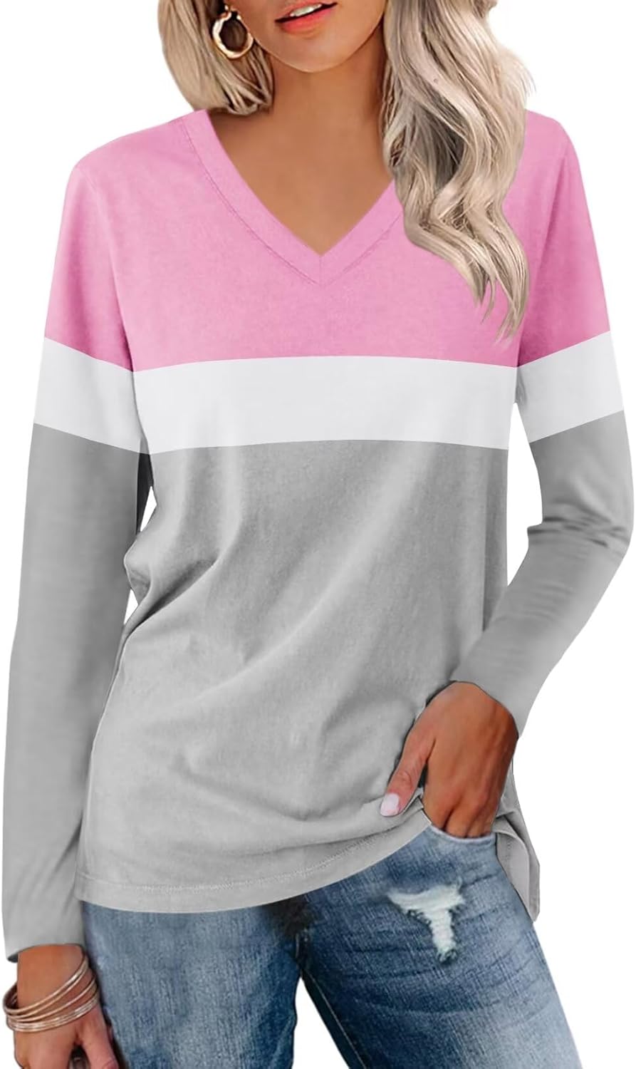Minetom Women's V Neck Long Sleeve T Shirts Casual Color Block/Solid Tunic Tops...