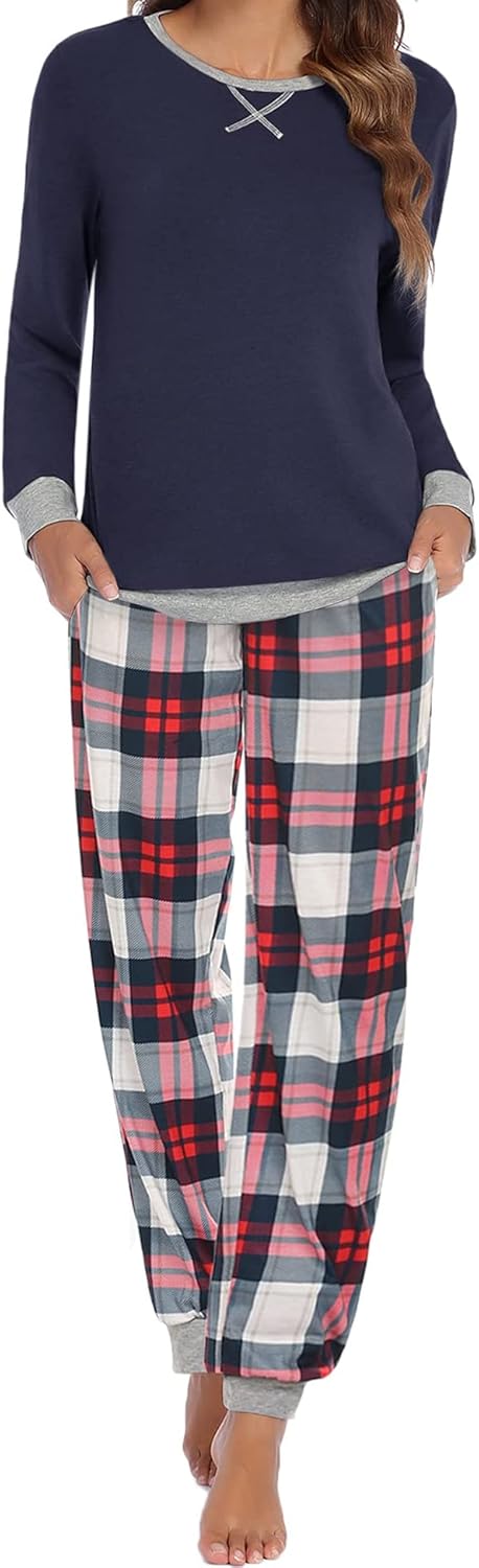 Ekouaer Womens Pyjamas Sets Round Neck Soft Sleepwear Sets Long Sleeve Plaid Pjs...