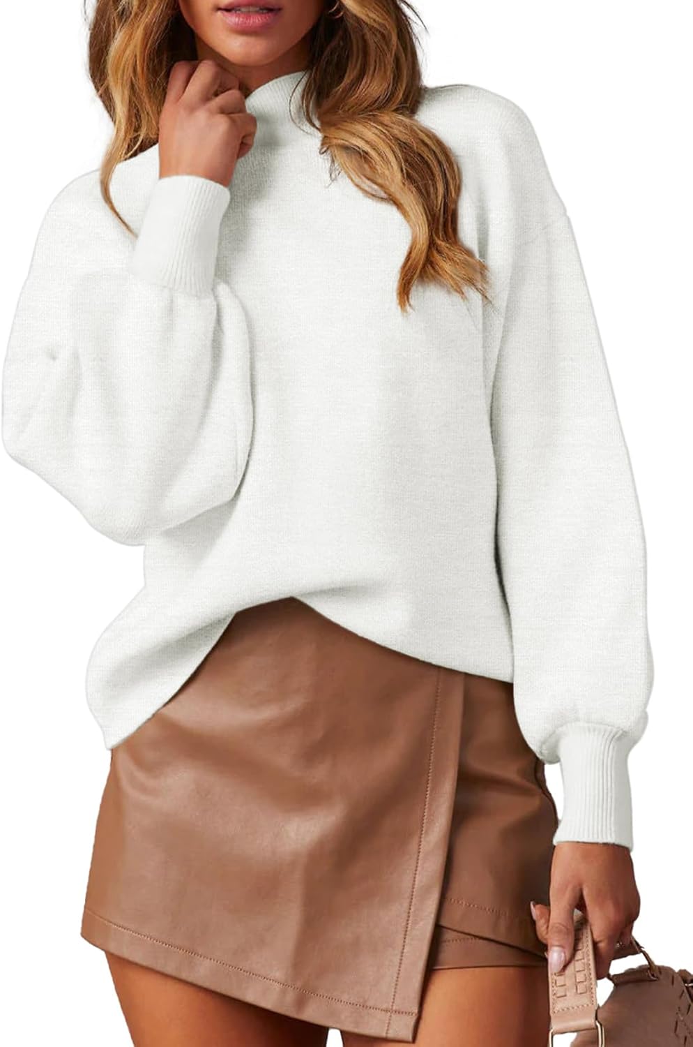 WEACZZY Women's Casual Mock Neck Long Lantern Sleeve Sweaters 2024 Fall Oversize...