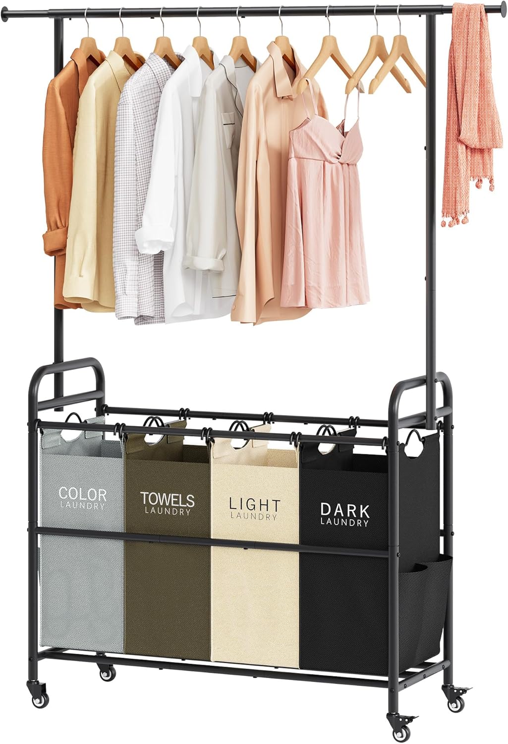 Tajsoon Laundry Sorter Cart with Hanging Clothes Rack, 4 Butler Sorter Basket Or...