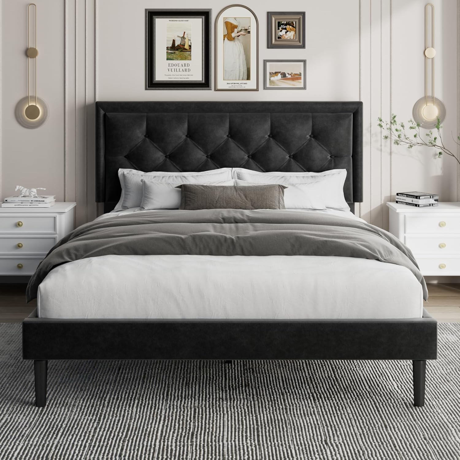 Full Size Platform Bed Frame with Velvet Headboard, Modern Upholstered Mattress...