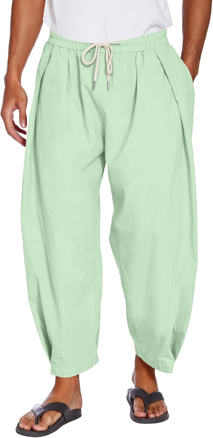 Unique COOFANDY Men's Cotton Linen Harem Pants, Special Drawstring Casual Croppe...