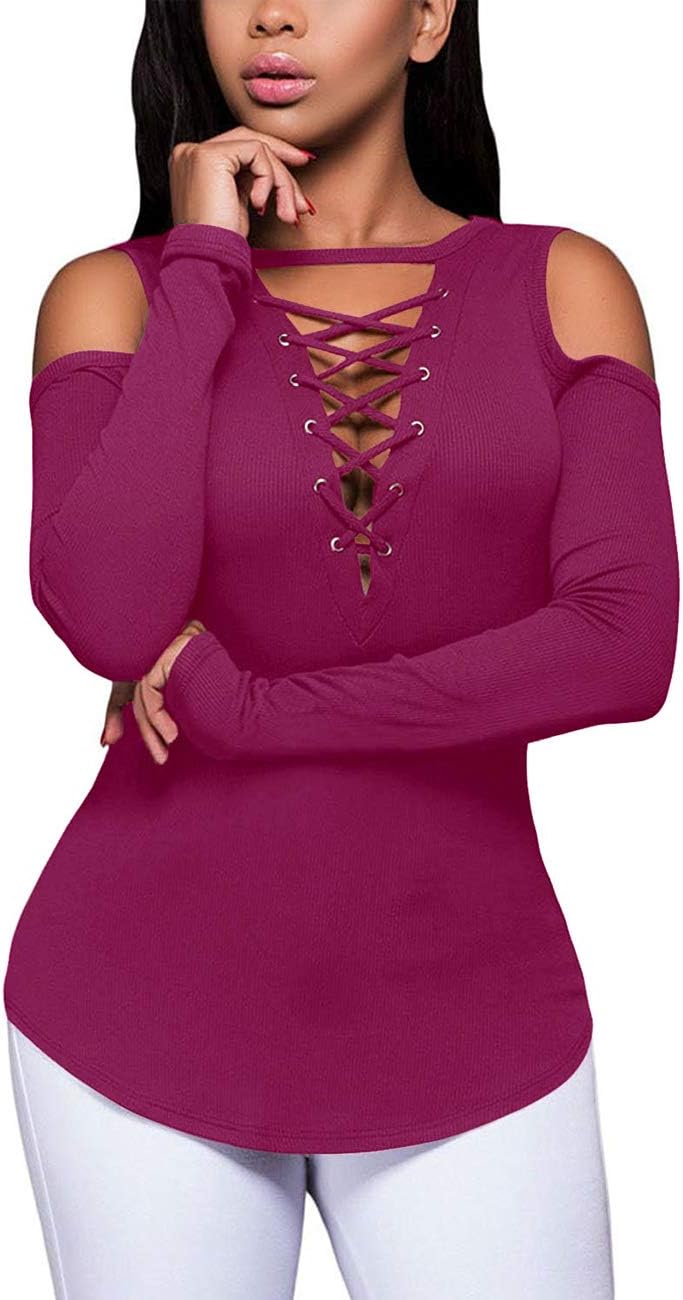 Women's Sexy V-Neck Shirt, Special Cold Shoulder Blouse with Long Sleeves, Innov...