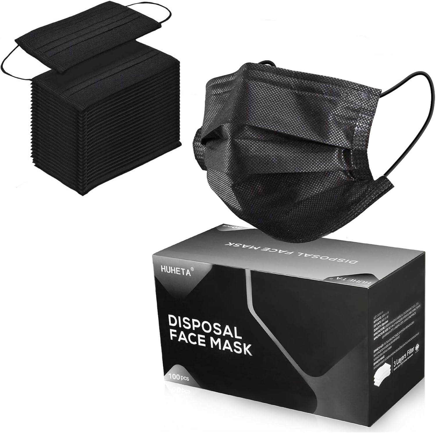 Quality 100PCs Black Disposable Face Mask, Special 3-Ply Breathable Mask, Innova...
