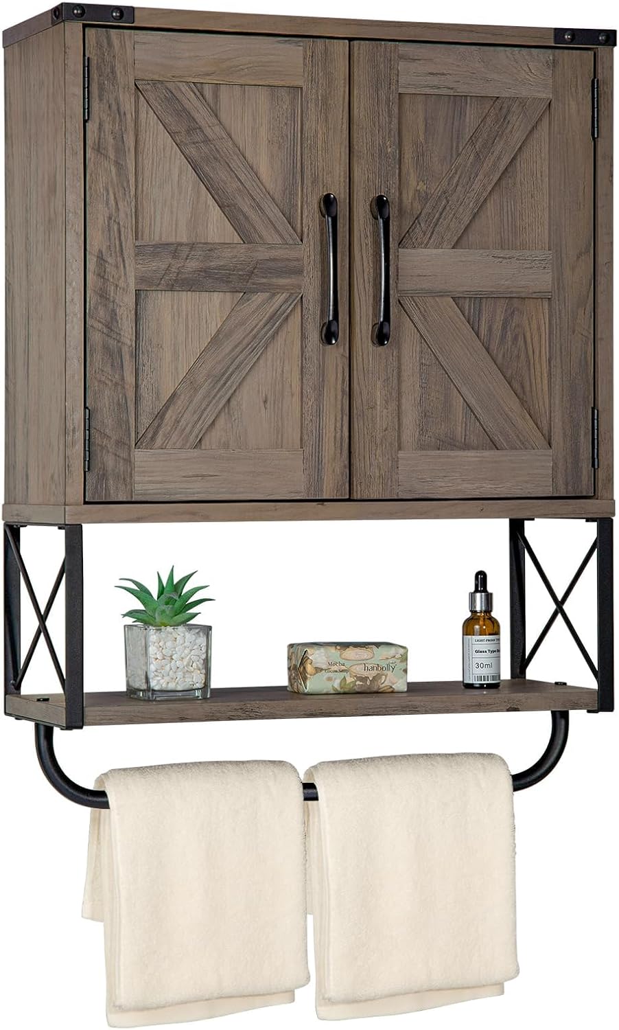 RUSTOWN Farmhouse Medicine Cabinet with 2 Barn Door, Wood Wall Mounted Storage C...